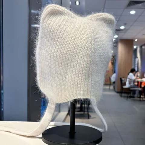 Winter Warm Rabbit Hair Blend Knit Hat Cute Cat Ear Design With Tassels Sequins Sweet Style Beanie For Women