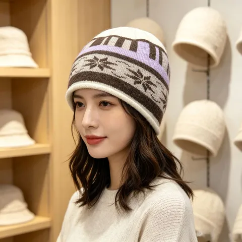 Winter Warm Knit Hat Unisex Geometric Jacquard Beanie Fashion Casual Cold Weather Woolen Cap