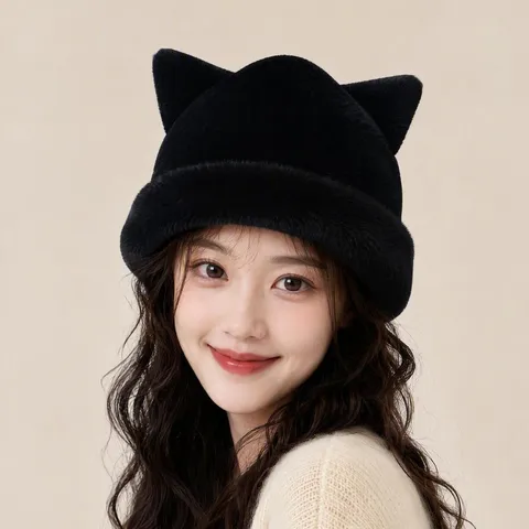 Cute Cat Ear Plush Pullover Hat Faux Fur Winter Warm Beanie Sweet Korean Style Fluffy Casual Cap For Women