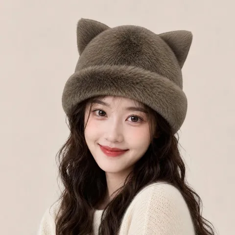 Cute Cat Ear Plush Pullover Hat Faux Fur Winter Warm Beanie Sweet Korean Style Fluffy Casual Cap For Women