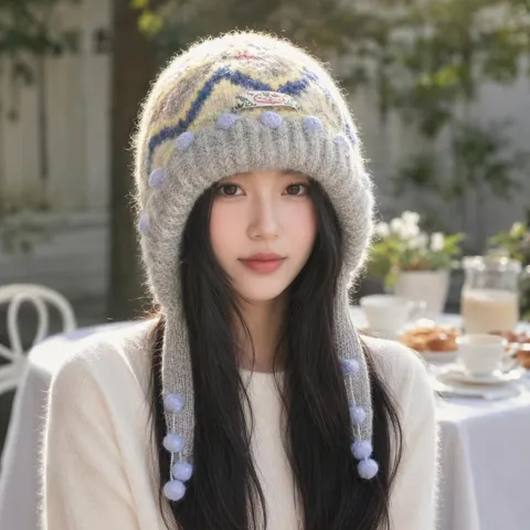 Fair Isle Vintage Knitted Beanie Hat For Women Winter Warm Ear Flap Thermal Korean Style Pom Pom Crochet Woolen Cap