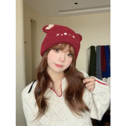 Cute Cat Ear Knit Hat With Bow Wool Winter Warm Beanie Cap For Women Sweet Cartoon Fashion Headwear