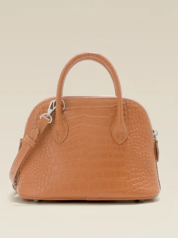 Women Top Handle Bag Genuine Leather Crocodile Pattern Shoulder Crossbody Bag Vintage Commuter Handbag Bowling Bag