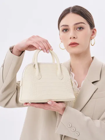 Women Top Handle Bag Genuine Leather Crocodile Pattern Shoulder Crossbody Bag Vintage Commuter Handbag Bowling Bag