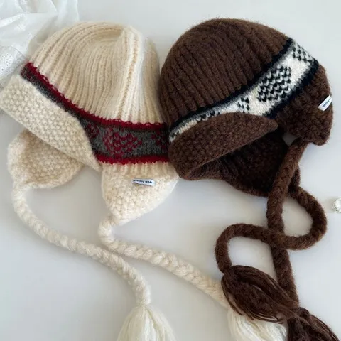 Winter Warm Knit Trapper Hat Fair Isle Jacquard Ear Flap Bomber Hat With Braided Straps Casual Outdoor Woolen Hat For Adults