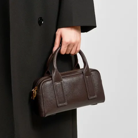 Women Genuine Leather Boston Bag Retro Top Layer Cowhide Handbag Fashion Casual Crossbody Bowling Bag Small Satchel