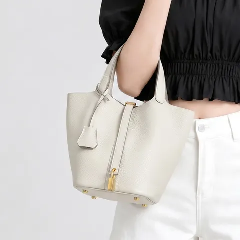 Women Genuine Leather Bucket Bag Casual Commuter Top Handle Handbag Minimalist Solid Color Small Tote Bag With Lock