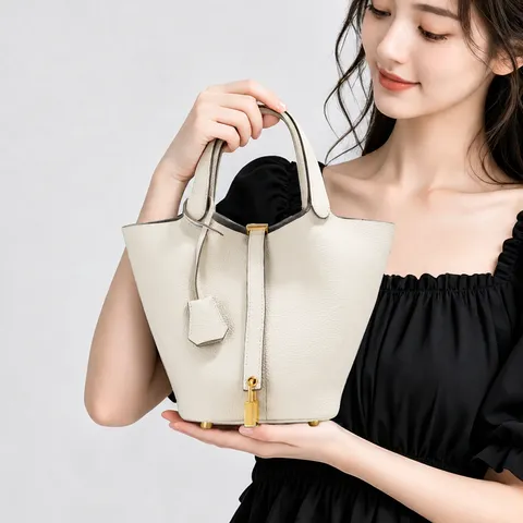 Women Genuine Leather Bucket Bag Casual Commuter Top Handle Handbag Minimalist Solid Color Small Tote Bag With Lock