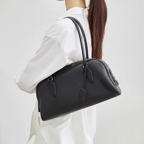 Women Genuine Leather Boston Bag Large Capacity Commute Shoulder Bag Retro Top Handle Pillow Bag Casual Satchel