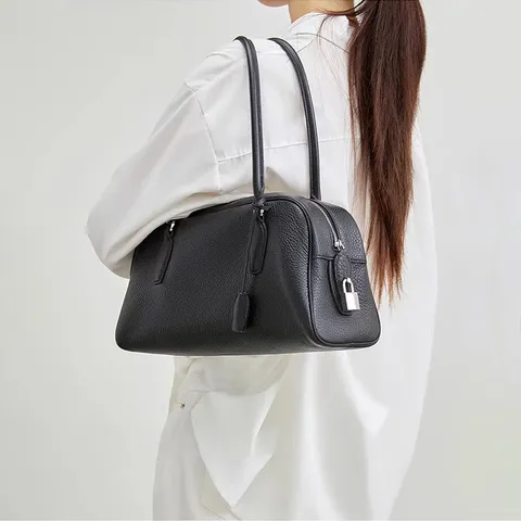 Women Genuine Leather Boston Bag Large Capacity Commute Shoulder Bag Retro Top Handle Pillow Bag Casual Satchel