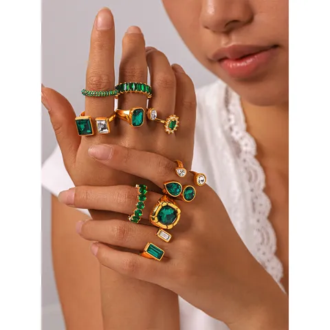 Vintage Edelstahl Offener Ring Damen Vergoldet Smaragdgrün Strass Geometrisch Modeschmuck Fingerring