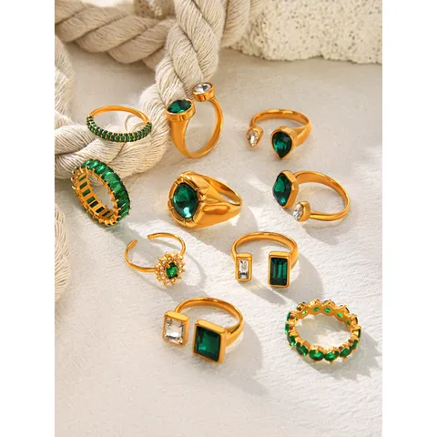 Vintage Edelstahl Offener Ring Damen Vergoldet Smaragdgrün Strass Geometrisch Modeschmuck Fingerring