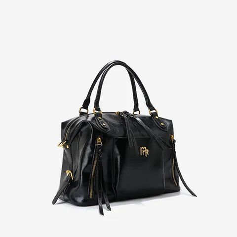 Large Capacity Boston Bag Genuine Leather Women Handbag Commuting Motorcycle Bag Solid Color Belt Decoration Shoulder Bag