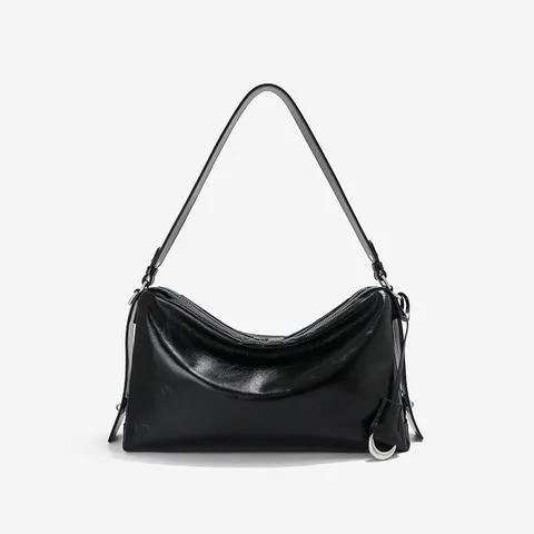 Genuine Leather Underarm Bag For Women Vintage Hobo Baguette Bag Casual Commuter Solid Color Shoulder Tote Bag