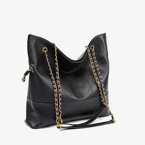 Genuine Leather Tote Bag For Women Large Capacity Quilted Chain Shoulder Bag Soft Cowhide Commuter Handbag Bucket Bag