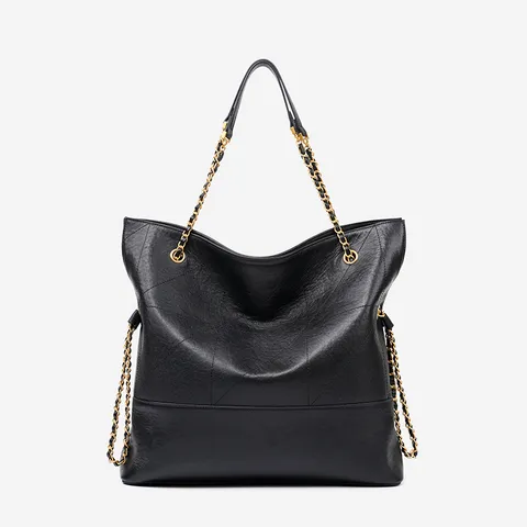 Genuine Leather Tote Bag For Women Large Capacity Quilted Chain Shoulder Bag Soft Cowhide Commuter Handbag Bucket Bag