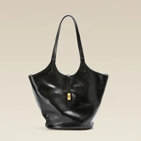 Women Genuine Leather Tote Bag Large Capacity Soft Cowhide Shoulder Bag Vintage Commuter Bucket Bag High Quality Handbag