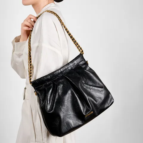 Women Genuine Leather Tote Bag Casual Commuter Pleated Shoulder Bag Luxury Design Chain Crossbody Bag Large Capacity