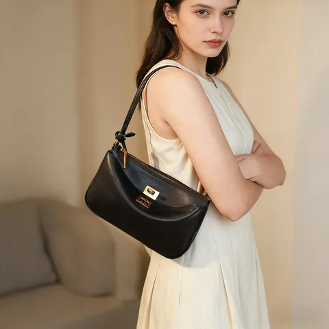 Genuine Leather Underarm Bag For Women Retro Chic Shoulder Bag Luxury Commuter Handbag With Metal Lock And Gift Box