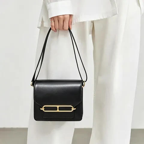 Women Genuine Leather Retro Commuter Shoulder Crossbody Bag Small Square Bag Luxury Style Flap Bag With Metal Lock Buckle