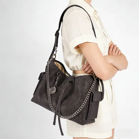 Women Vintage Brush-Off Leather Tote Bag Casual Commuter Large Capacity Shoulder Crossbody Messenger Bag With Chain