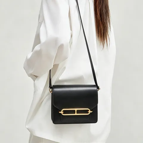 Women Genuine Leather Retro Commuter Shoulder Crossbody Bag Small Square Bag Luxury Style Flap Bag With Metal Lock Buckle