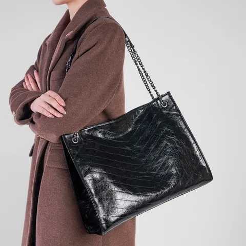 Genuine Leather Tote Bag Large Capacity Women Vintage Commuter Shoulder Bag Chain Quilted Underarm Bag