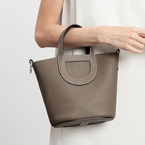 Women Genuine Leather Bucket Bag Casual Solid Color Handbag Large Capacity Tote Shoulder Bag