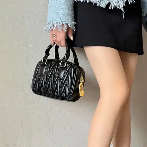 Women Genuine Leather Pleated Boston Bag Mini Solid Color Top Handle Shoulder Crossbody Handbag Casual Satchel Bag