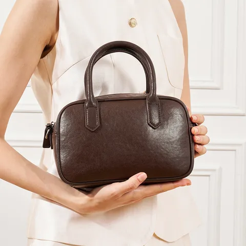 Women Genuine Leather Boston Bag Vintage Top Layer Cowhide Bowling Bag Commuter Handbag Crossbody Shoulder Bag