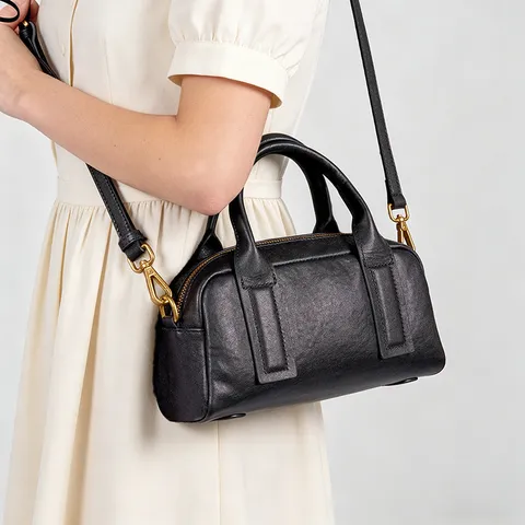 Women Genuine Leather Boston Bag Retro Commuter Top Handle Handbag Small Solid Color Crossbody Shoulder Bag