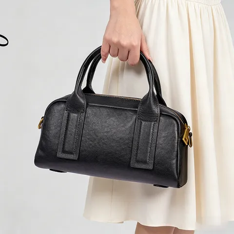 Women Genuine Leather Boston Bag Retro Commuter Top Handle Handbag Small Solid Color Crossbody Shoulder Bag