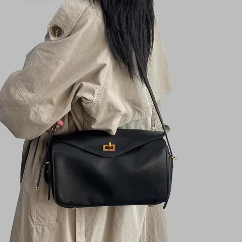 Women Genuine Leather Boston Pillow Bag Large Capacity Commuting Shoulder Bag Fashion Casual Top Handle Crossbody Bag