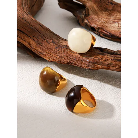 Stainless Steel Vintage Square Dome Ring For Women Gold Plated Resin Geometric Statement Finger Ring Fashion Jewelry Gift
