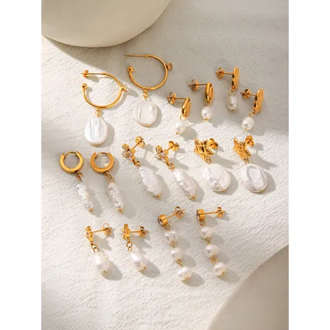 Stainless Steel Artificial Pearl Stud Earrings Vintage Gold Plated Baroque Pearl Drop Earrings For Women Fashion Jewelry