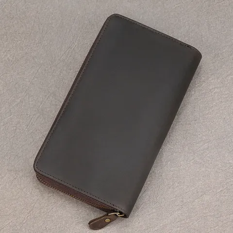 Vintage Men Top Layer Cowhide Leather Clutch Bag Long Zip Around Wallet For Business Travel 9100 Retro Purse Card Holder