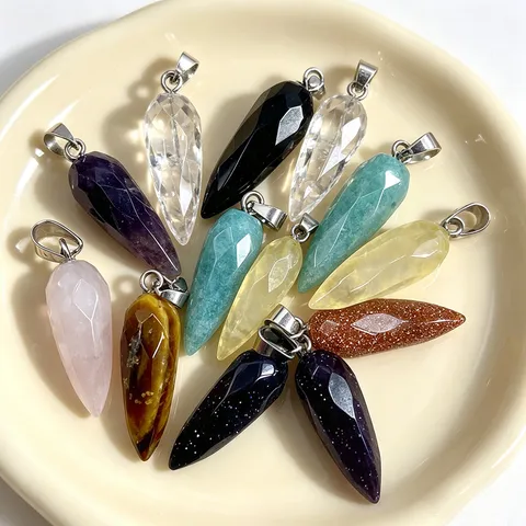 Pendentif Facetté Conique en Pierre Naturelle Seul (Sans Chaîne) Quartz Agate Cristal Charm pour la Fabrication de Colliers Accessoires DIY