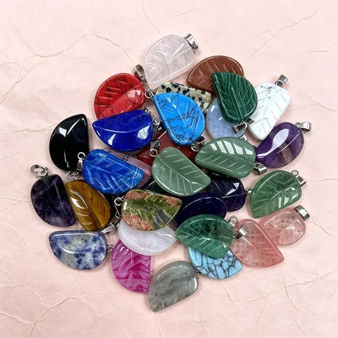 Natural Stone Crystal Agate Hand Carved Leaf Shape Pendant Stone Charm For DIY Necklace Jewelry Making Accessory Gift