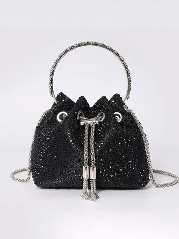 Borsa da Sera con Strass e Nappa Lussuosa Borsa a Secchiello in Pelle PU Borsa a Tracolla a Catena per Donna Banchetto Festa
