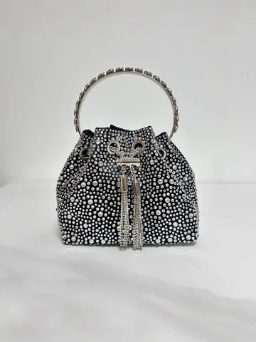 Borsa da Sera con Strass e Nappa Lussuosa Borsa a Secchiello in Pelle PU Borsa a Tracolla a Catena per Donna Banchetto Festa