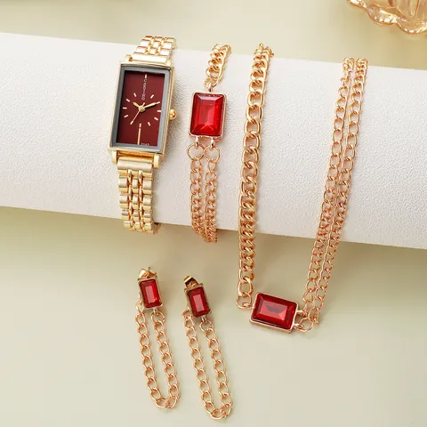 Goldenes Rechteckiges Quarz Uhrenset Für Damen Rotes Zirkon Armband Halskette Ohrringe Kombinationen Mit Geschenkbox