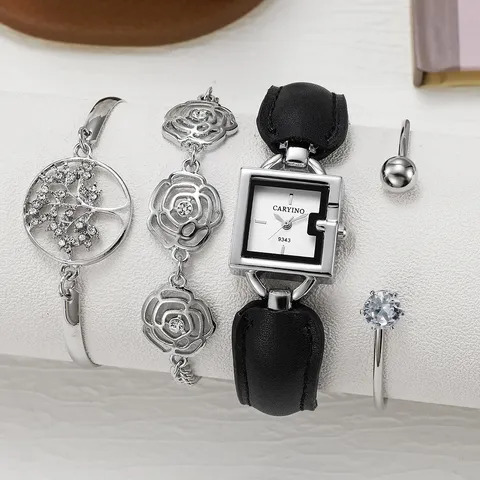 Mode Damen Quarzuhren Set Quadratisches Zifferblatt Lederarmband Strass Armband Armreif Luxus Geschenk Uhren Schmuck