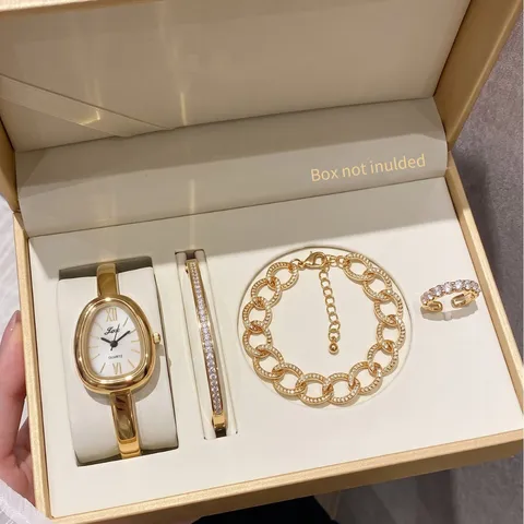 Französischer Leichter Luxus Damen Quarz Uhr Armband Set Vintage Ovales Zifferblatt Strass Zinklegierung Schmuck Geschenk