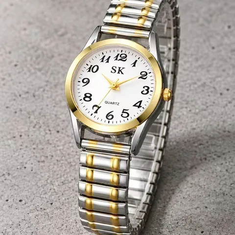 Damen Zweifarbig Edelstahl Elastisches Band Quarzuhr Arabische Ziffern Weißes Zifferblatt Casual Armbanduhr