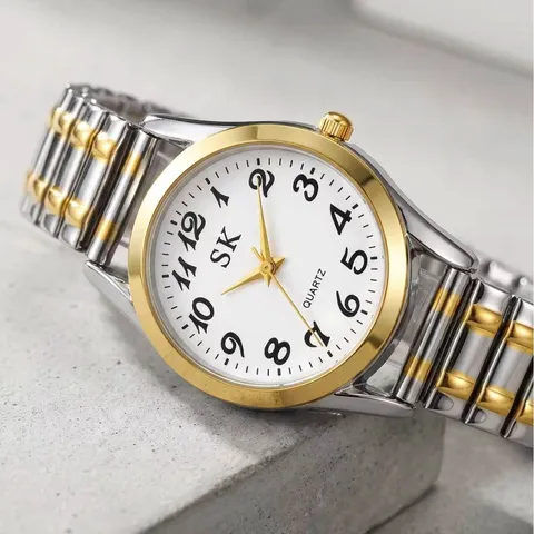 Damen Zweifarbig Edelstahl Elastisches Band Quarzuhr Arabische Ziffern Weißes Zifferblatt Casual Armbanduhr