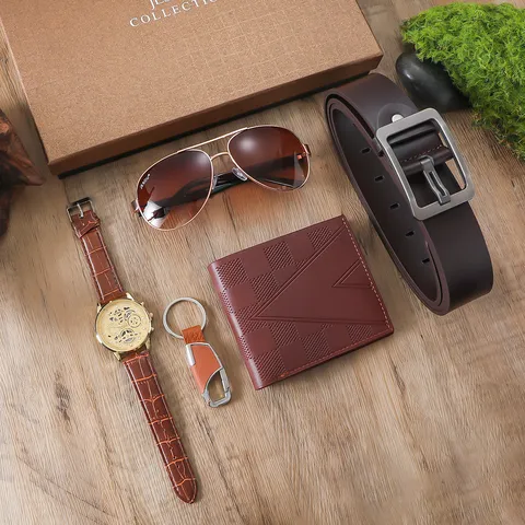 Coffret Cadeau Business pour Hommes Avec Montre Ceinture en Cuir Portefeuille Lunettes de Soleil Porte-Clés Accessoires de Mode Marron