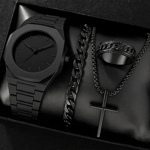 Men Luxury All Black Quartz Watch Set With Bracelet Necklace Ring Sporty Octagonal Bezel Alloy Zinc Plastic Strap Wristwatch