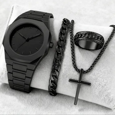 Men Luxury All Black Quartz Watch Set With Bracelet Necklace Ring Sporty Octagonal Bezel Alloy Zinc Plastic Strap Wristwatch