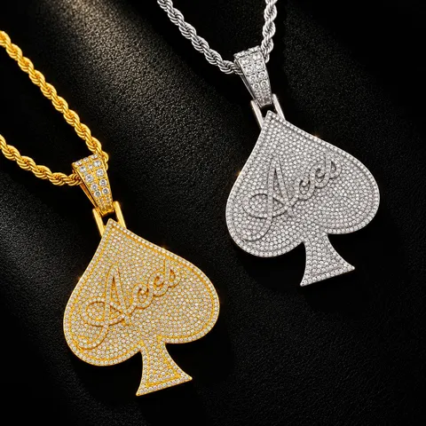 Hip Hop Mens Spade Aces Letter Pendant Necklace Alloy Rhinestone Gold Silver Plated Rap Style Fashion Jewelry