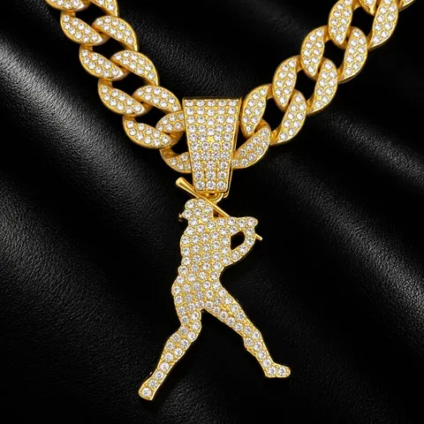 Uomini Hip Hop Strass Giocatore di Baseball Ciondolo Collana Lega Oro Argento Placcato Catena Cubana Moda Gioielli Regalo
